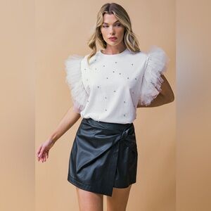 White Ruffled Sleeve Embellished Tee